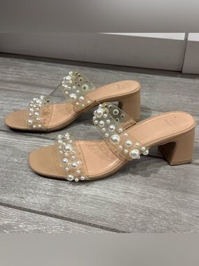 a new day Nude Pearl-Embellished Clear Strap Block Heel Mules